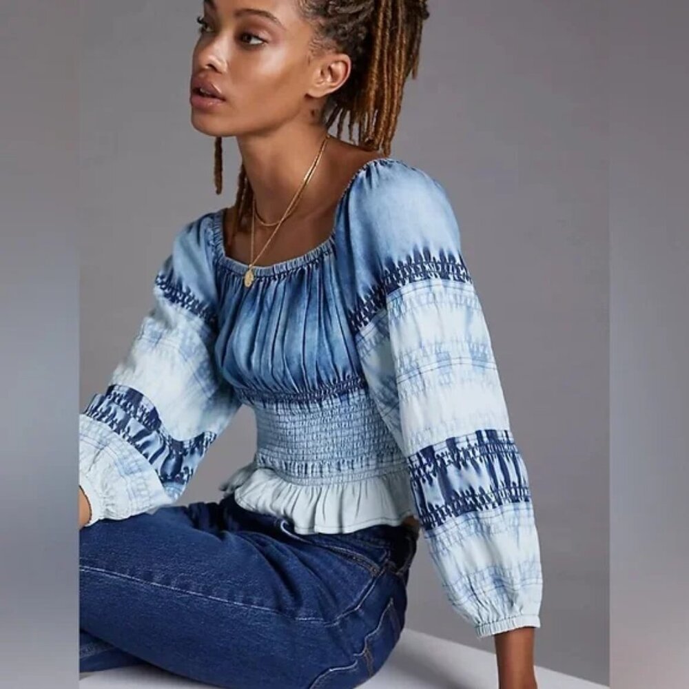 Pilcro Blue and White Tie-Dye Smocked Crop Top
